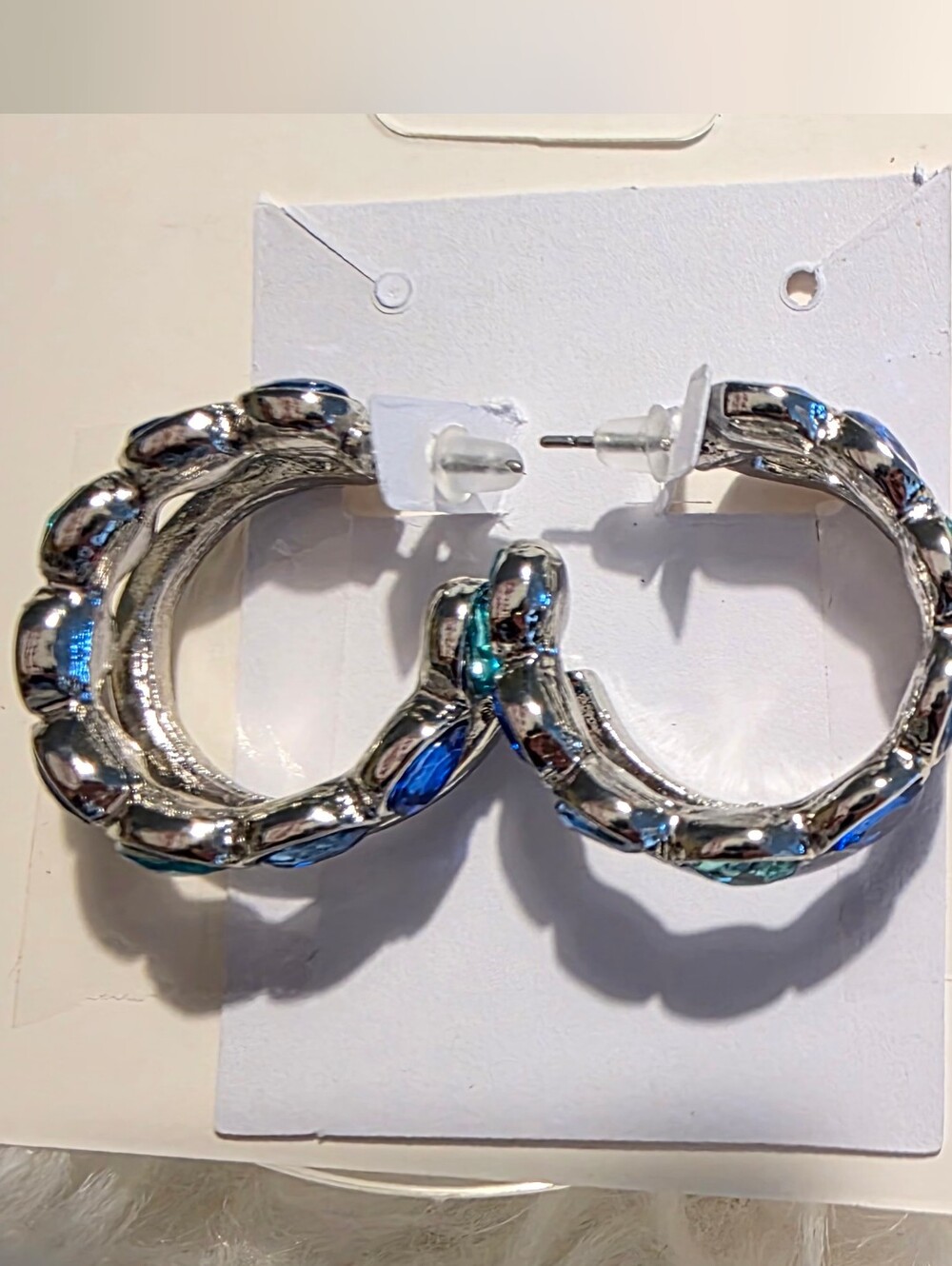 Silver Hoop Earrings with Blue Accent Stones - Women Jewelry